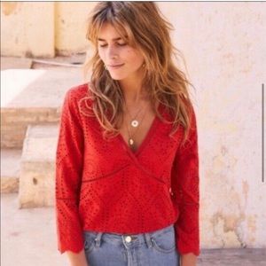 Sezane Andrea Eyelet Embroidered Blouse 3/4 Sleeves Burnt Red 34 Small